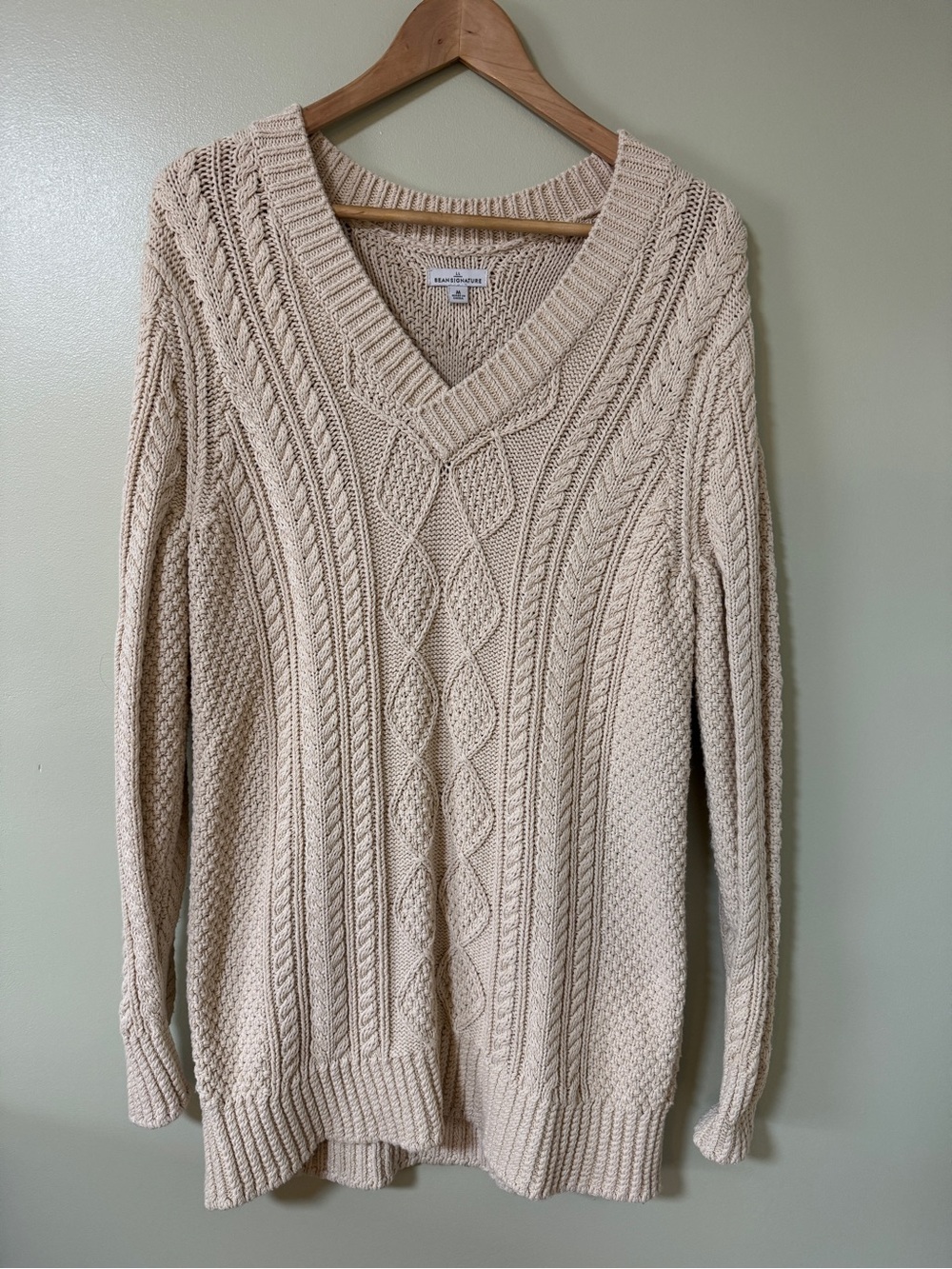Womens LL Bean Fisherman Knit V-Neck Tunic Sweater - Cream